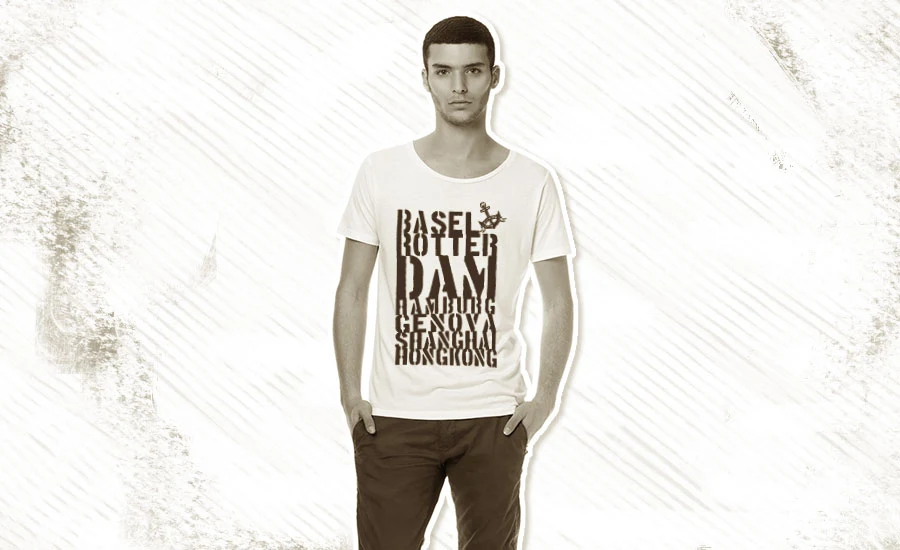 T-Shirt mit Aufdruck der Hafenstädte Basel Rotterdam Hamburg Genova Shanghai Hongkong